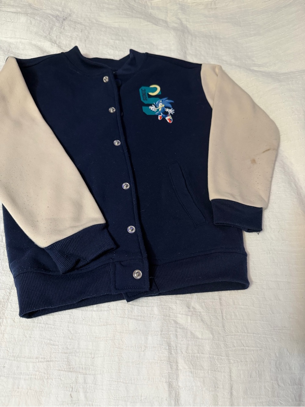 Sonic The Hedgehog Varsity Jacket Size 6 Navy Cream Snap Button Graphic Coat